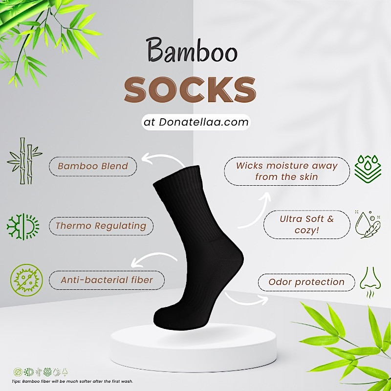Made in Portugal Bamboo Socks EU 35-46 Crew Socks Anti Odor Soft and Breathable Black White color